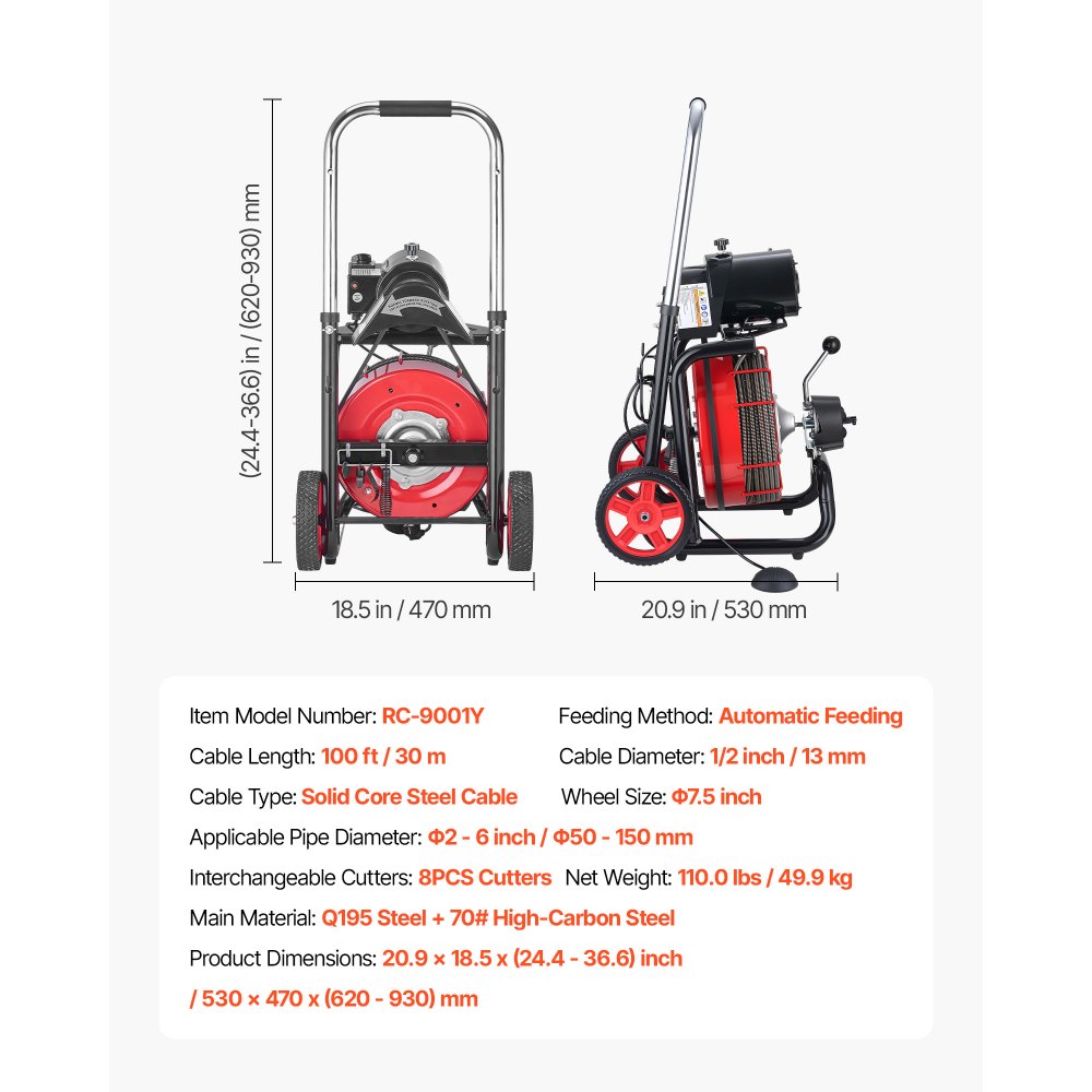 VEVOR Drain Cleaner Machine 30m x 13mm, Auto Feed Sewer Snake Auger on Wheels - with 8 Cutters & Air-Activated Foot Switch for 50mm to 150mm Pipes