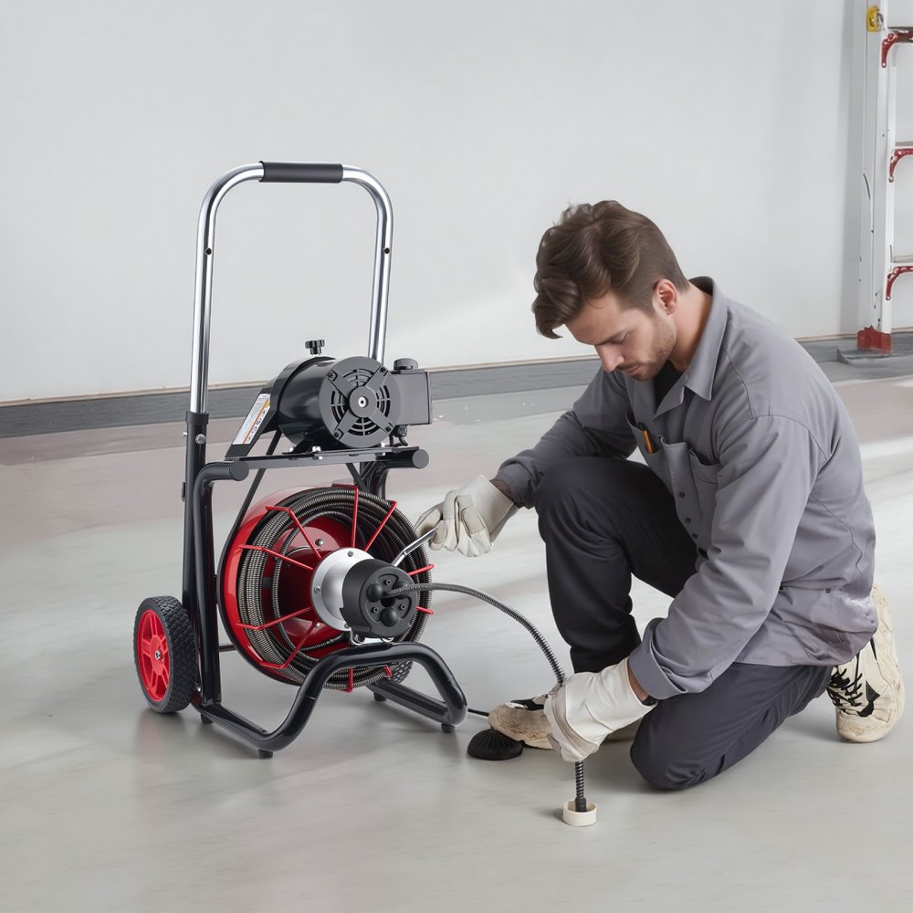 VEVOR Drain Cleaner Machine 30m x 13mm, Auto Feed Sewer Snake Auger on Wheels - with 8 Cutters & Air-Activated Foot Switch for 50mm to 150mm Pipes
