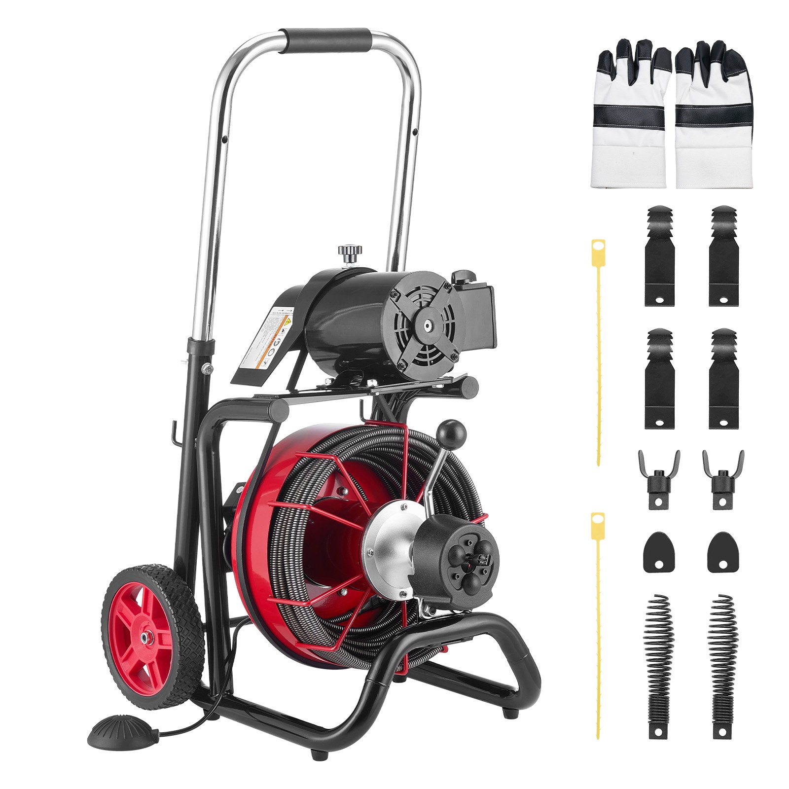 VEVOR Drain Cleaner Machine 30m x 13mm, Auto Feed Sewer Snake Auger on Wheels - with 8 Cutters & Air-Activated Foot Switch for 50mm to 150mm Pipes
