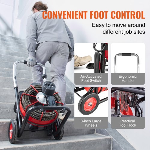 VEVOR 100FT X 1/2" Drain Cleaner Machine – Auto Feed, 550W, Steel Drum, For 2-4" Pipes