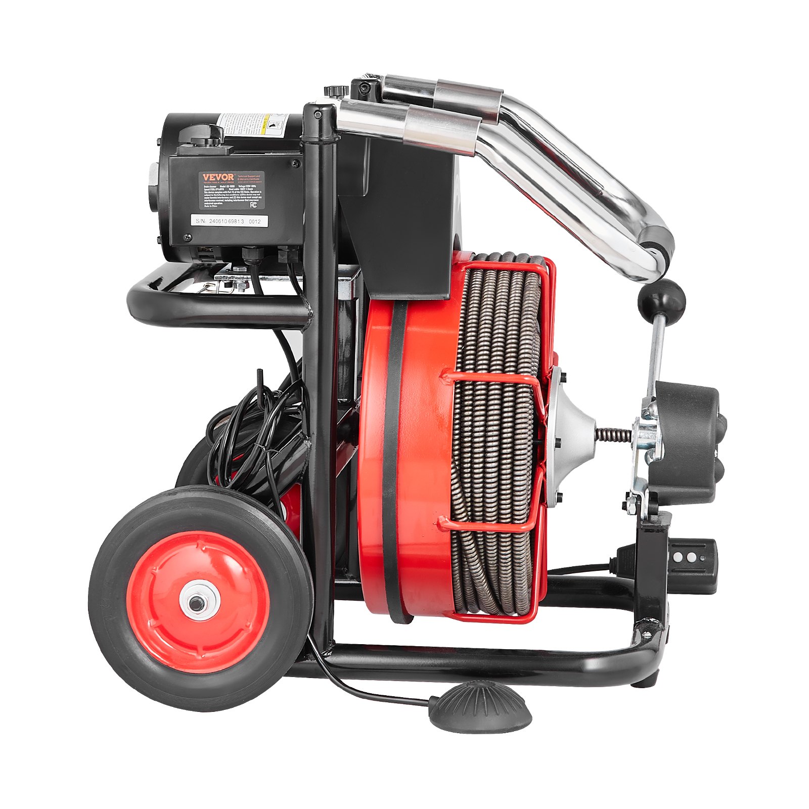 VEVOR Drain Cleaner Machine 100FT x 1/2 Inch, Auto Feed Sewer Snake Auger on Wheels, 550W Portable Drain Cleaning Machine with 8 Cutters & Air-activated Foot Switch for 2" to 4" Pipes