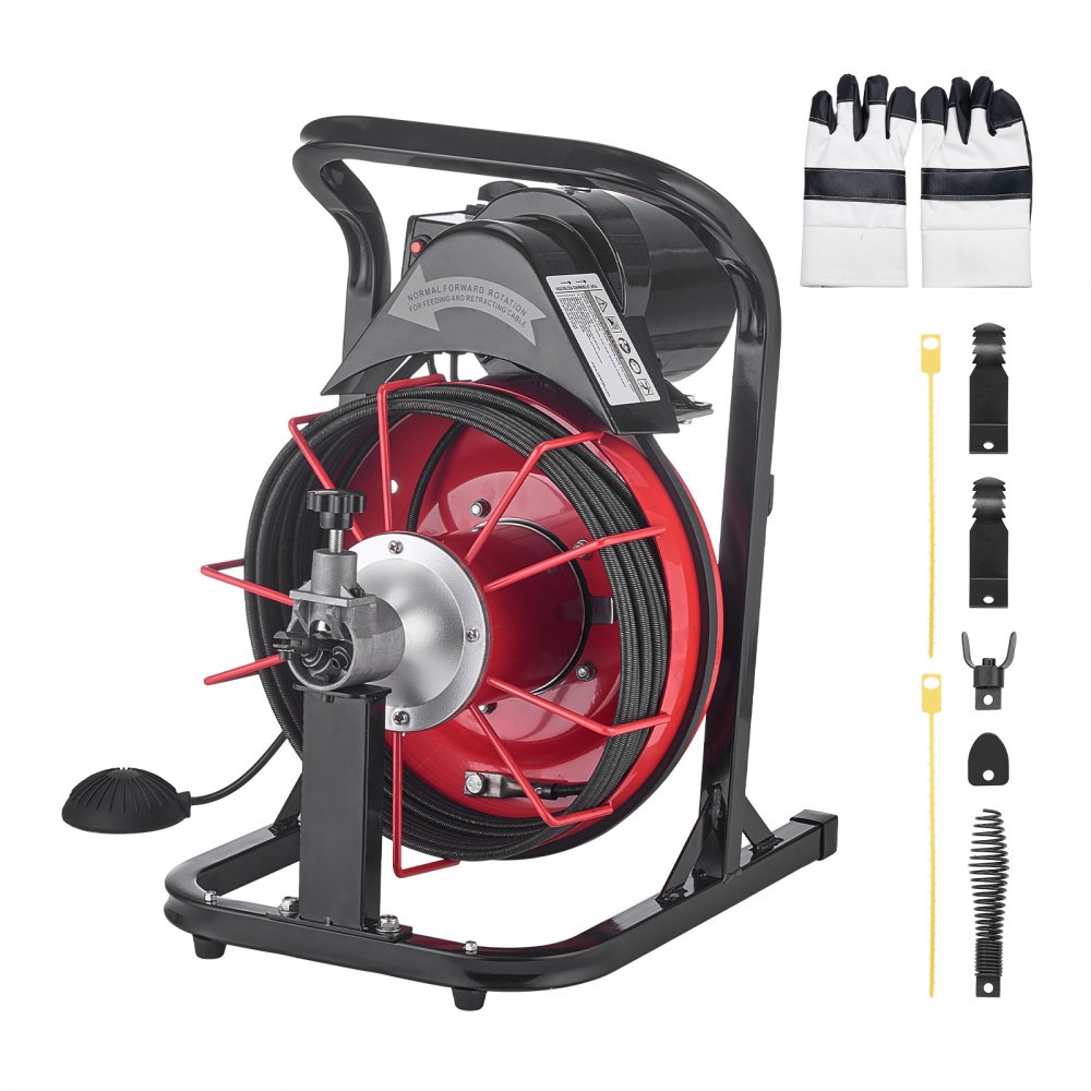 VEVOR Drain Cleaner Machine 15m x 8mm, Auto Feed Sewer Snake Auger with 4 Cutters & Air-activated Foot Switch for 50mm to 100mm Pipes
