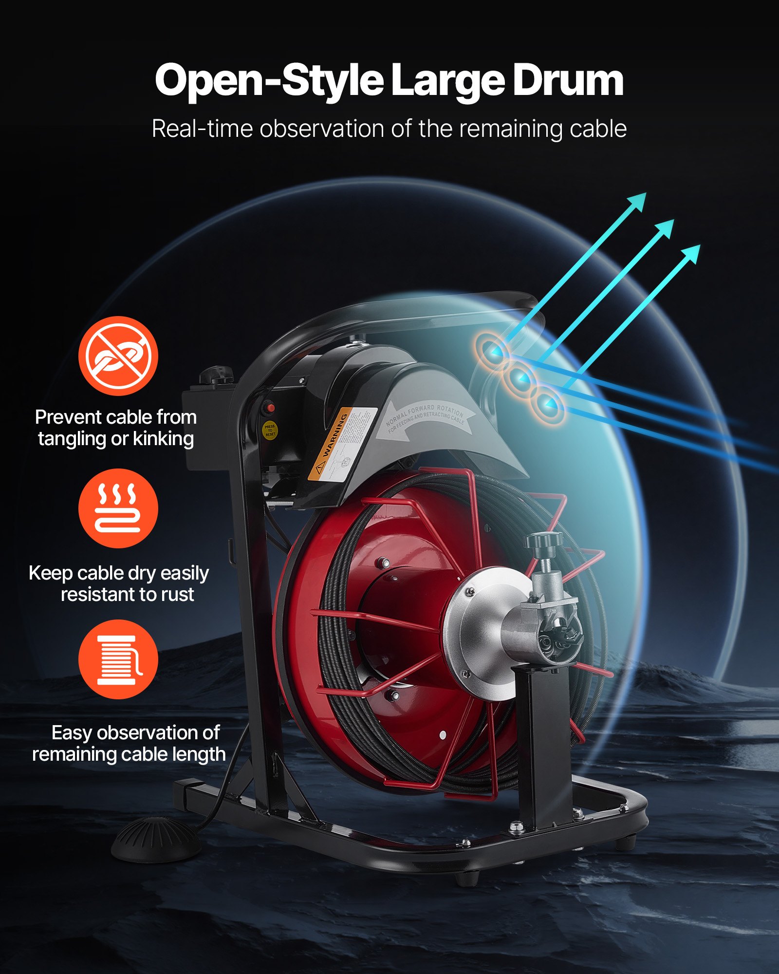 VEVOR Drain Cleaner Machine 15m x 8mm, Auto Feed Sewer Snake Auger with 4 Cutters & Air-activated Foot Switch for 50mm to 100mm Pipes