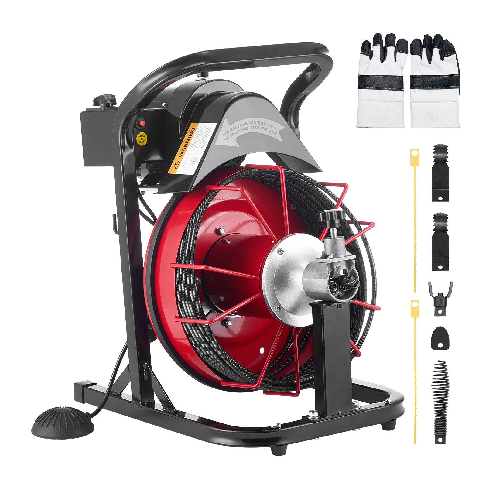 VEVOR Drain Cleaner Machine 15m x 8mm, Auto Feed Sewer Snake Auger with 4 Cutters & Air-activated Foot Switch for 50mm to 100mm Pipes