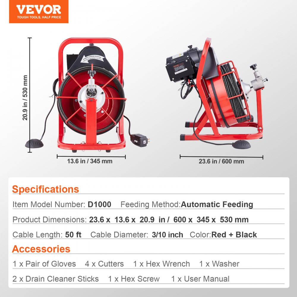 VEVOR Drain Cleaner Machine Electric Drain Auger 1524 cm x 0.95 cm Auto Feed