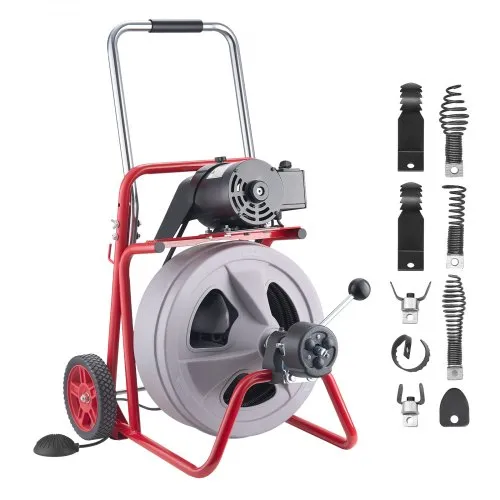 VEVOR Drain Cleaner Machine 30m x 13mm, Auto Feed Sewer Snake Drain Auger on Wheels, Portable Drain Cleaning Machine with 8 Cutters & Air-Activated Foot Switch for 50mm to 150mm Pipes