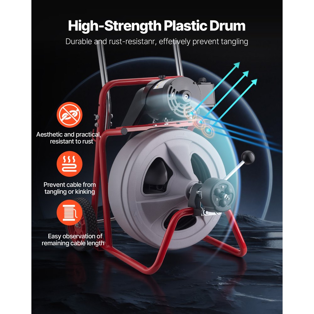 VEVOR Drain Cleaner Machine 30m x 13mm, Auto Feed Sewer Snake Drain Auger on Wheels, Portable Drain Cleaning Machine with 8 Cutters & Air-Activated Foot Switch for 50mm to 150mm Pipes