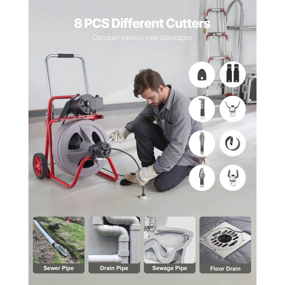 VEVOR Drain Cleaner Machine 30m x 13mm, Auto Feed Sewer Snake Drain Auger on Wheels, Portable Drain Cleaning Machine with 8 Cutters & Air-Activated Foot Switch for 50mm to 150mm Pipes