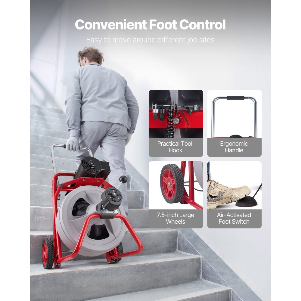 VEVOR Drain Cleaner Machine 30m x 13mm, Auto Feed Sewer Snake Drain Auger on Wheels, Portable Drain Cleaning Machine with 8 Cutters & Air-Activated Foot Switch for 50mm to 150mm Pipes