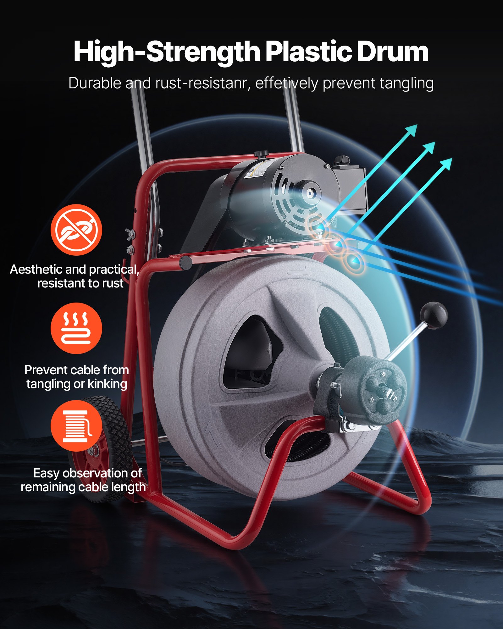 VEVOR Drain Cleaner Machine 30m x 13mm, Auto Feed Sewer Snake Drain Auger on Wheels, Portable Drain Cleaning Machine with 8 Cutters & Air-Activated Foot Switch for 50mm to 150mm Pipes