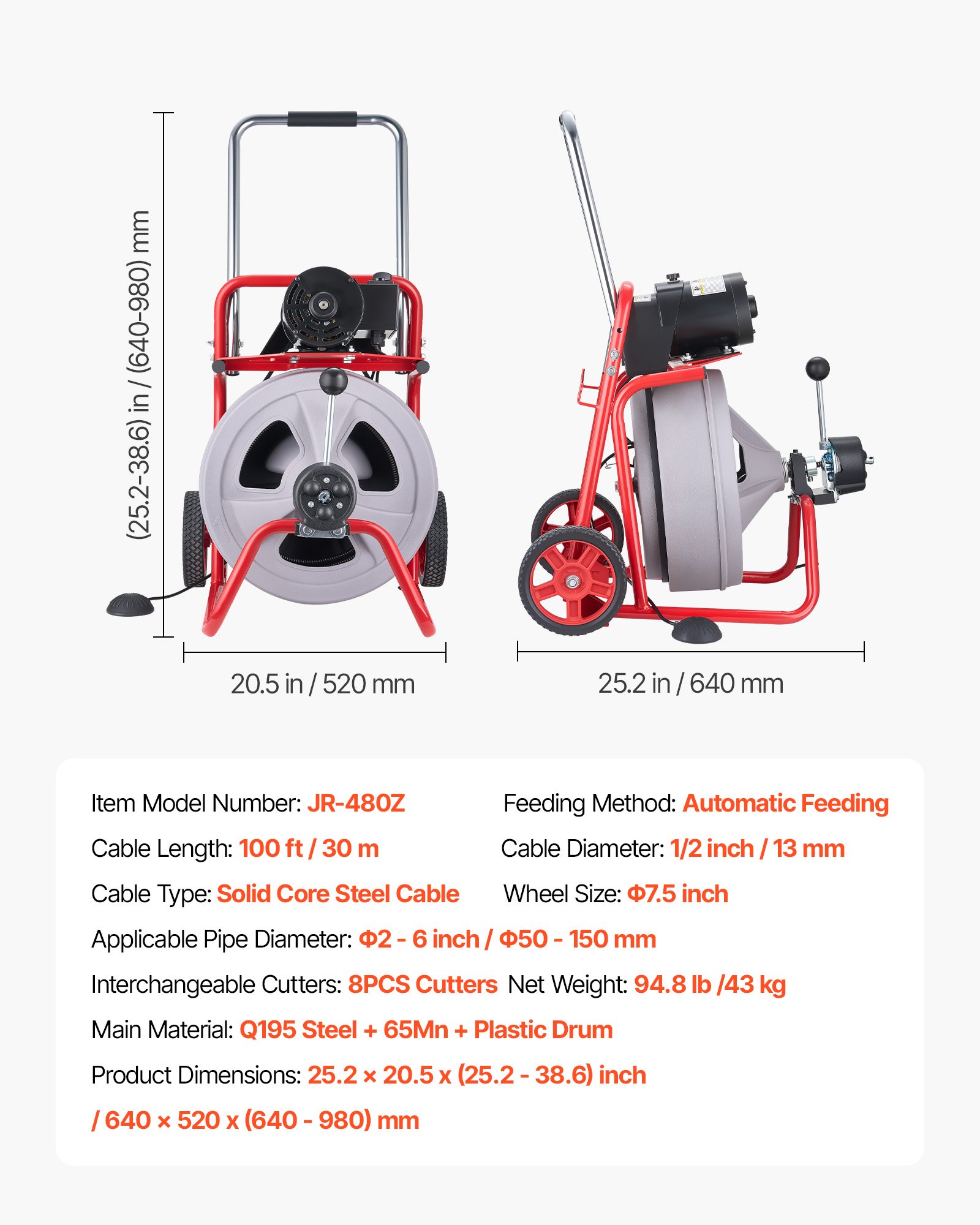 VEVOR Drain Cleaner Machine 30m x 13mm, Auto Feed Sewer Snake Drain Auger on Wheels, Portable Drain Cleaning Machine with 8 Cutters & Air-Activated Foot Switch for 50mm to 150mm Pipes