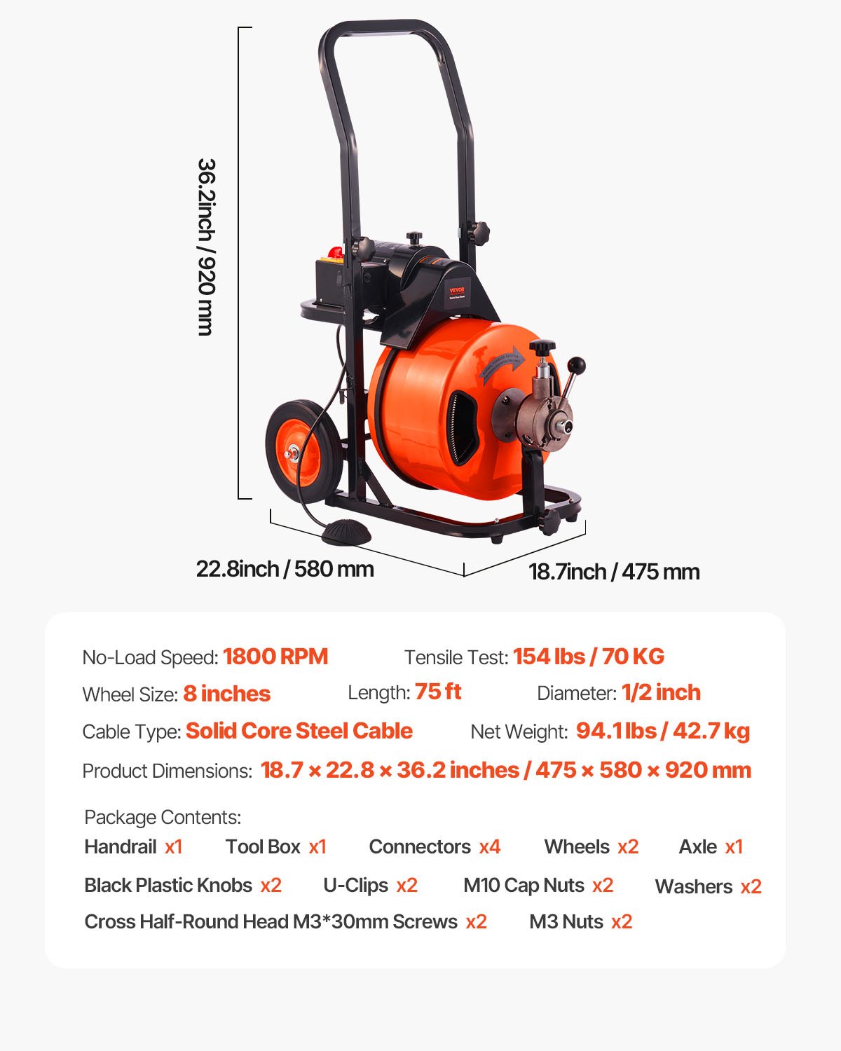 VEVOR Drain Cleaner Machine 22m x 13mm, Auto Feed Sewer Snake Auger on Wheels, Portable Drain Cleaning Machine with 4 Cutters & Air-activated Foot Switch for 50mm to 150mm Pipes