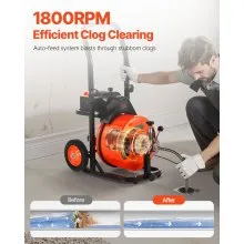 VEVOR Drain Cleaning Machine 75 FT x 1/2 Inch, Sewer Auger Auto Feed with 4 Cutter & Air-activated Foot Switch for 1" to 4" Pipes, Orange, Black