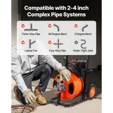 VEVOR Drain Cleaning Machine 75 FT x 1/2 Inch, Sewer Auger Auto Feed with 4 Cutter & Air-activated Foot Switch for 1" to 4" Pipes, Orange, Black