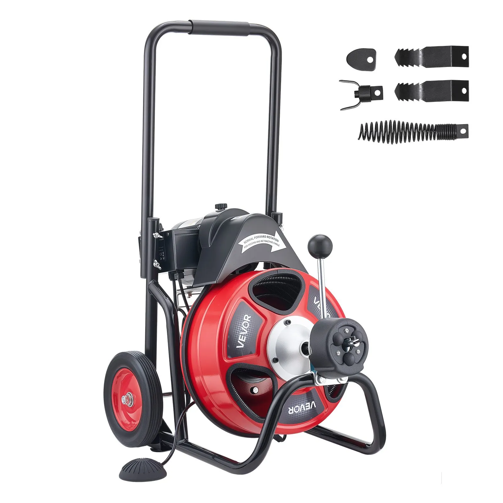 VEVOR Drain Cleaner Machine 50 FT x 3/8 Inch, Auto Feed Sewer Snake Auger on Wheels, Portable Drain Cleaning Machine with 4 Cutters & Air-activated Foot Switch for 2" to 4" Pipes
