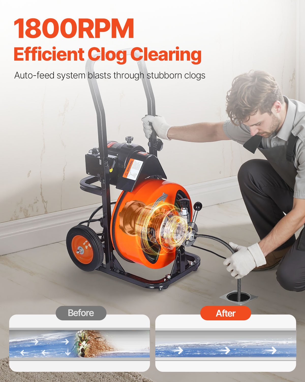 VEVOR 50FT x 3/8 Inch Drain Cleaner Machine Sewer Auger Auto Feed with 4 Cutter & Air-Activated Foot Switch for 2" to 4" Pipes