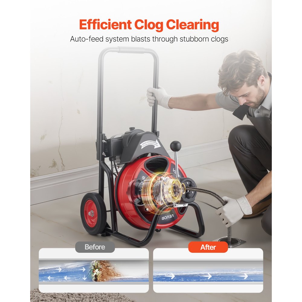 VEVOR Drain Cleaner Machine 15m x 13mm, Auto Feed Sewer Snake Auger on Wheels, Portable Drain Cleaning Machine with 4 Cutters & Air-activated Foot Switch for 50mm to 150mm Pipes