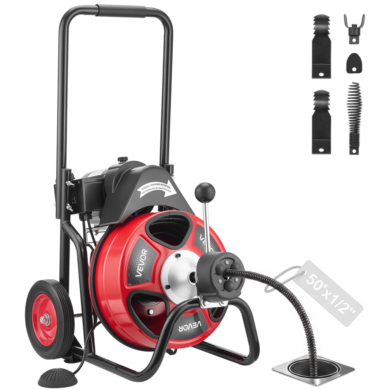 VEVOR Drain Cleaner Machine 15m x 13mm, Auto Feed Sewer Snake Auger on Wheels, Portable Drain Cleaning Machine with 4 Cutters & Air-activated Foot Switch for 50mm to 150mm Pipes