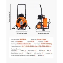 VEVOR Drain Cleaning Machine 50 FT x 1/2 Inch, Sewer Auger Auto Feed with 4 Cutter & Air-activated Foot Switch for 1" to 4" Pipes, Orange, Black