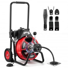 Máquina desatascadora VEVOR de 30,5 m x 1,27 cm, con alimentación automática, tipo serpiente de alcantarillado sobre ruedas, portátil, con 4 cortadores e interruptor de pie neumático para tuberías de 5 a 15 cm.