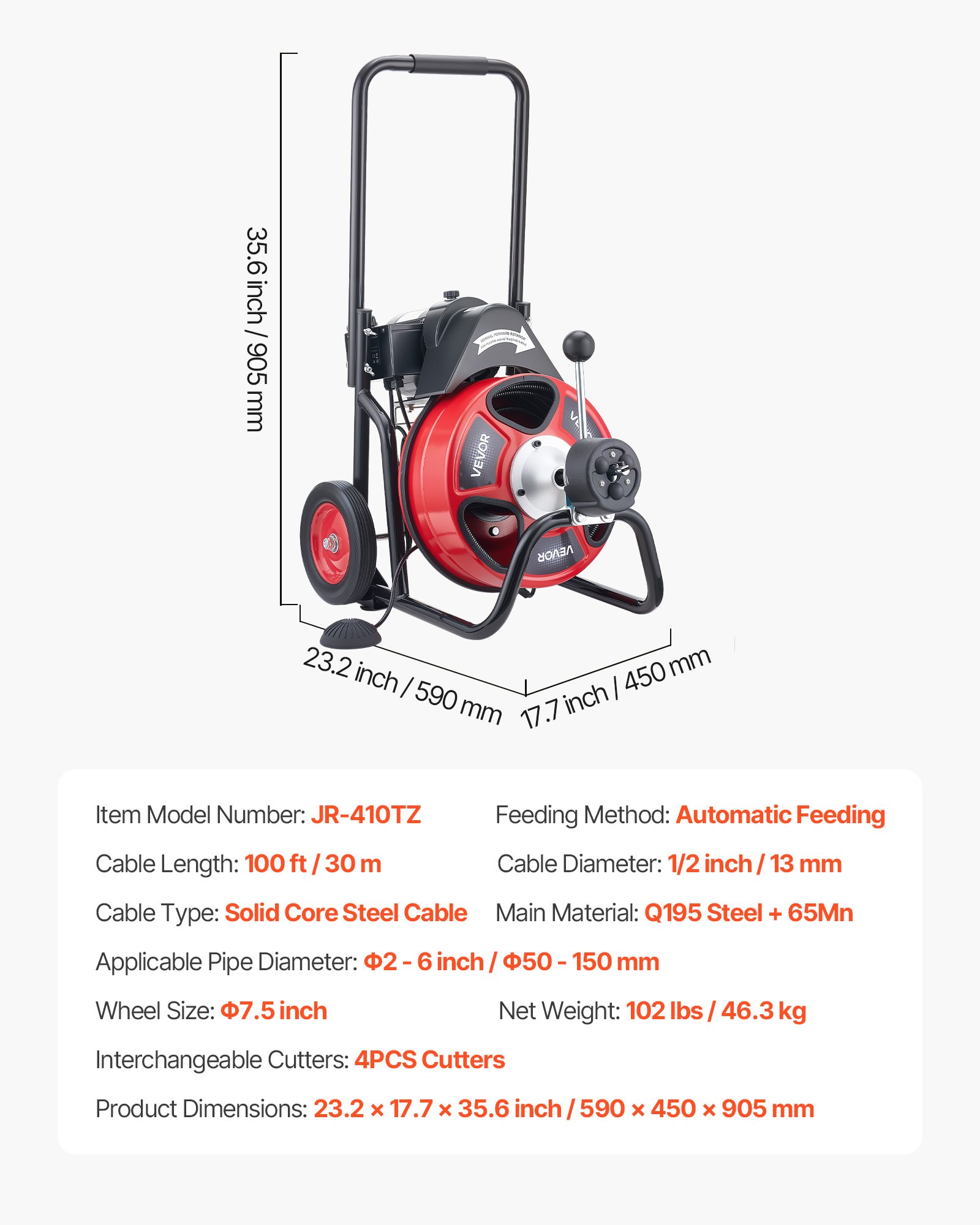 VEVOR Drain Cleaner Machine 100 FT x 1/2 Inch, Auto Feed Sewer Snake Auger on Wheels, Portable Drain Cleaning Machine with 4 Cutters & Air-activated Foot Switch for 2" to 6" Pipes
