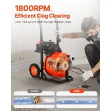 VEVOR Drain Cleaner Machine 100 FT x 1/2 Inch, Sewer Auger Auto Feed with 4 Cutter & Air-activated Foot Switch for 1" to 4" Pipes, Orange, Black