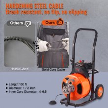 VEVOR Máquina limpiadora de drenaje de 100 pies x 1/2 pulgada, alimentación automática de barrena de alcantarillado con 4 cortadores e interruptor de pie activado por aire para tuberías de 1" a 4", naranja, negro