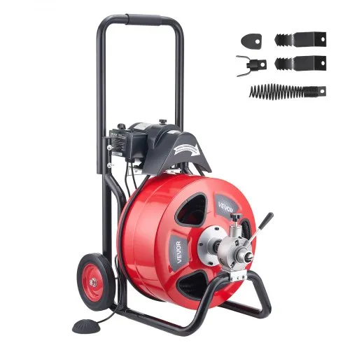 VEVOR Drain Cleaner Machine 30m x 19mm, Auto Feed Sewer Snake Auger on Wheels, Portable Drain Cleaning Machine with 4 Cutters & Air-activated Foot Switch for 100mm to 200mm Pipes