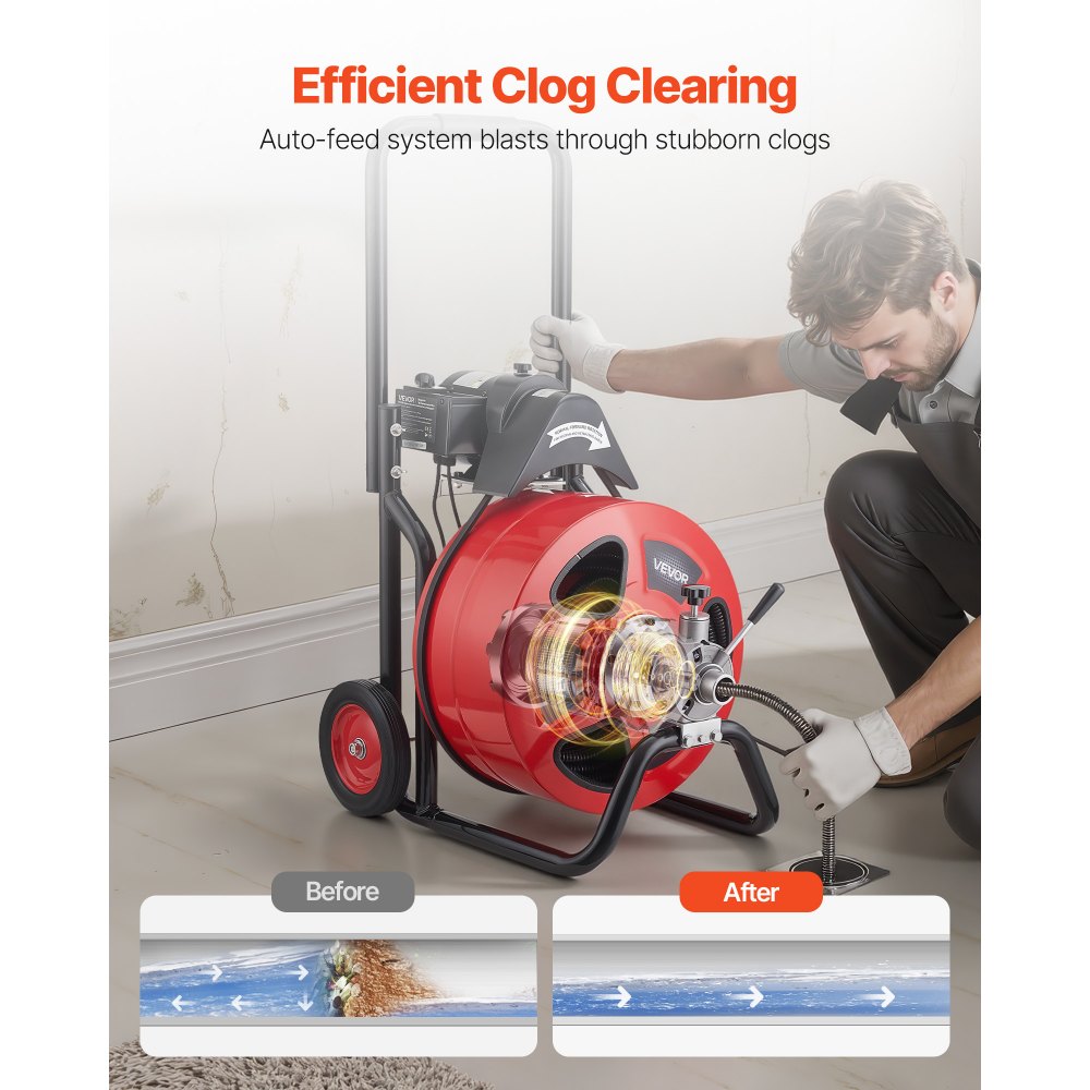 VEVOR Drain Cleaner Machine 30m x 19mm, Auto Feed Sewer Snake Auger on Wheels, Portable Drain Cleaning Machine with 4 Cutters & Air-activated Foot Switch for 100mm to 200mm Pipes
