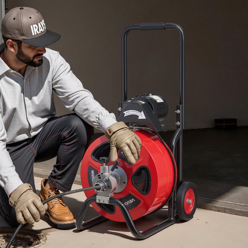VEVOR Drain Cleaner Machine 30m x 19mm, Auto Feed Sewer Snake Auger on Wheels, Portable Drain Cleaning Machine with 4 Cutters & Air-activated Foot Switch for 100mm to 200mm Pipes