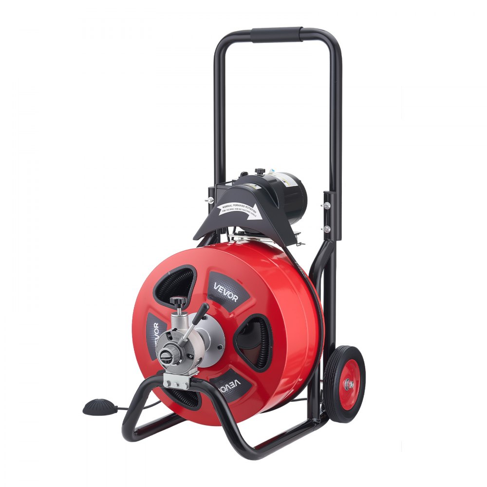 VEVOR Drain Cleaner Machine 30m x 19mm, Auto Feed Sewer Snake Auger on Wheels, Portable Drain Cleaning Machine with 4 Cutters & Air-activated Foot Switch for 100mm to 200mm Pipes