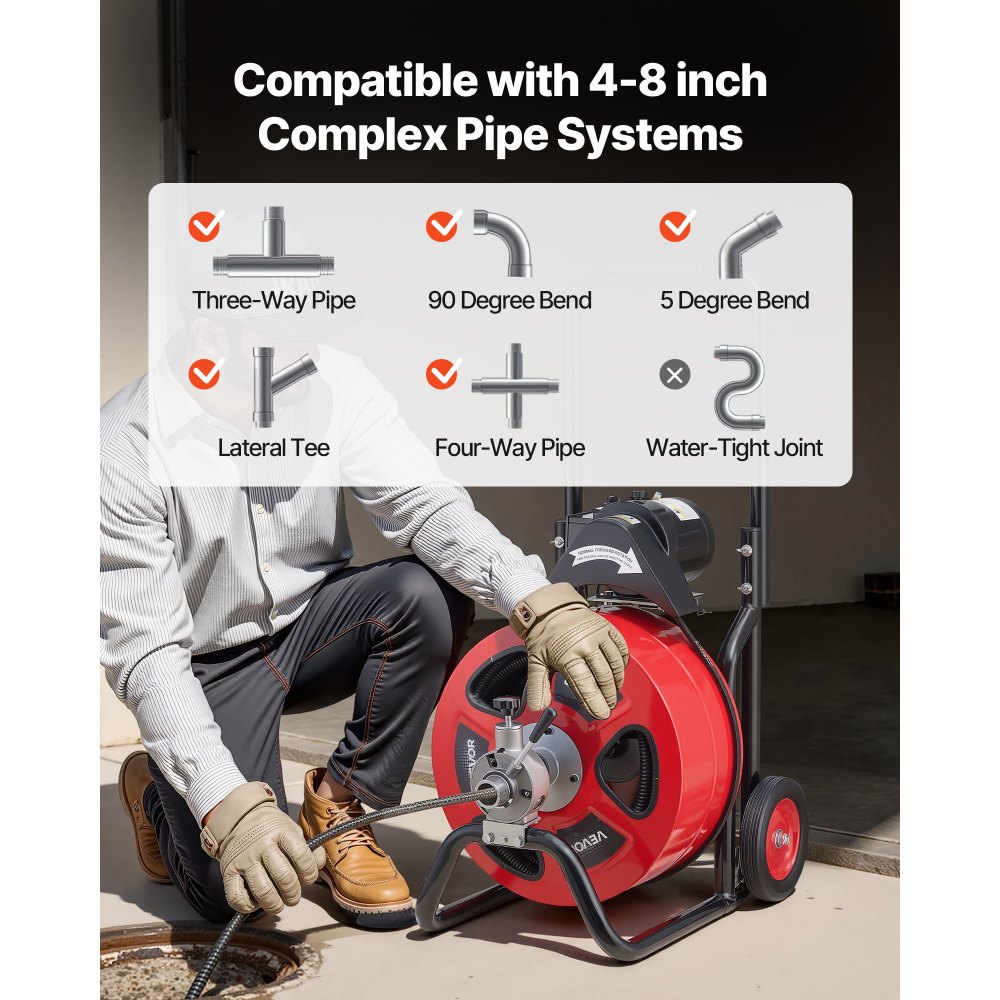 VEVOR Drain Cleaner Machine 30m x 19mm, Auto Feed Sewer Snake Auger on Wheels, Portable Drain Cleaning Machine with 4 Cutters & Air-activated Foot Switch for 100mm to 200mm Pipes