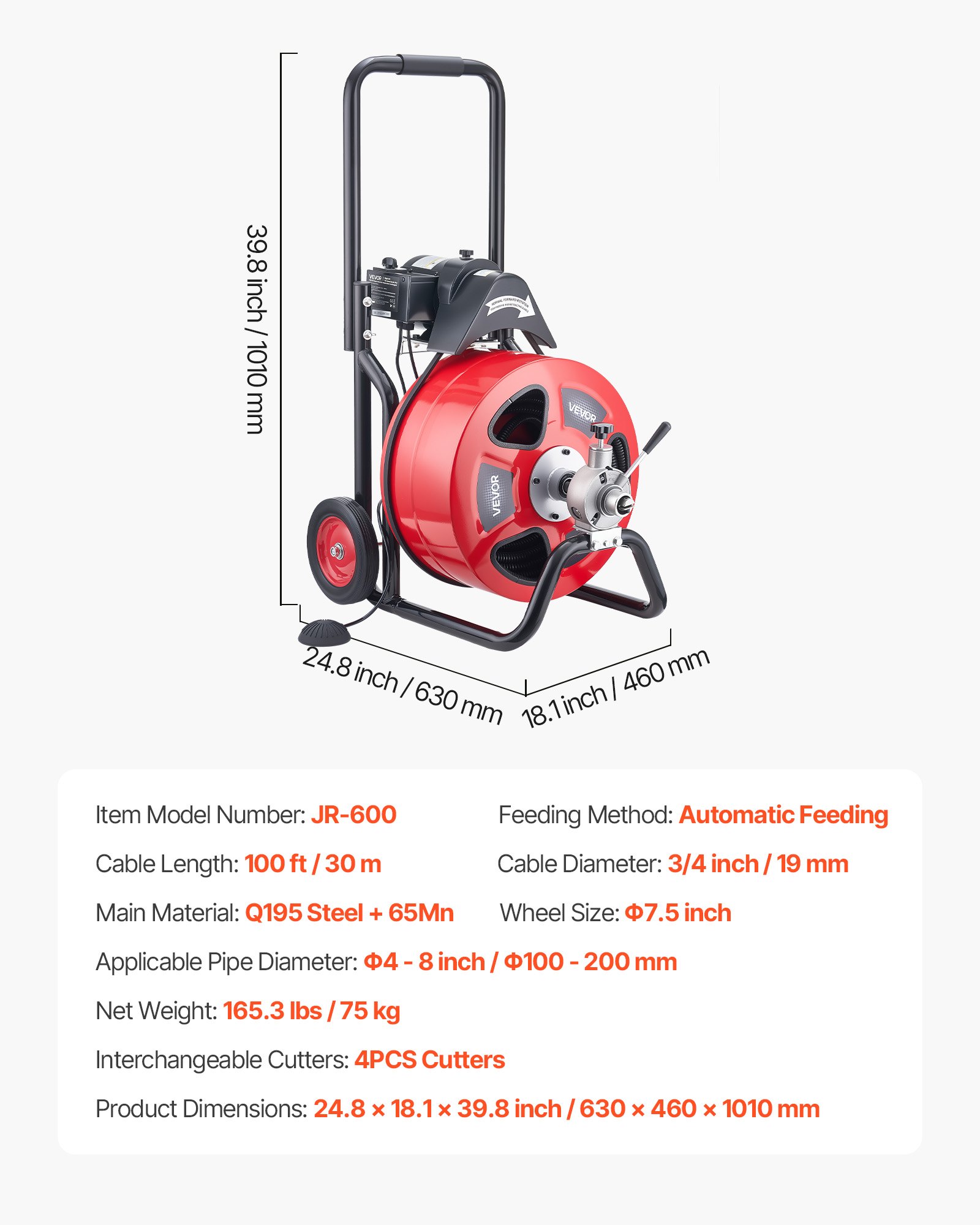 VEVOR Drain Cleaner Machine 30m x 19mm, Auto Feed Sewer Snake Auger on Wheels, Portable Drain Cleaning Machine with 4 Cutters & Air-activated Foot Switch for 100mm to 200mm Pipes