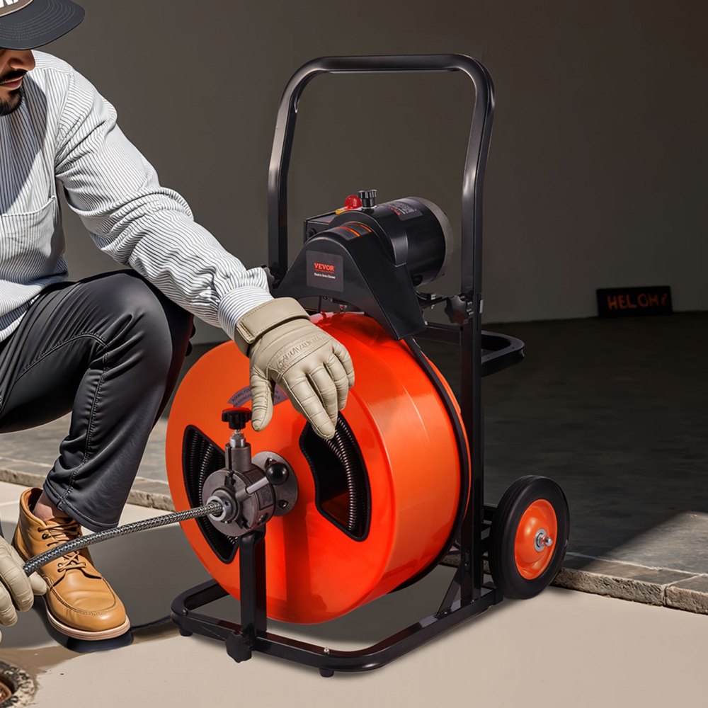 VEVOR 100FT x 3/4 Inch Drain Cleaner Machine, Sewer Auger Auto Feed with 4 Cutter & Air-activated Foot Switch for 4" to 8" Pipes