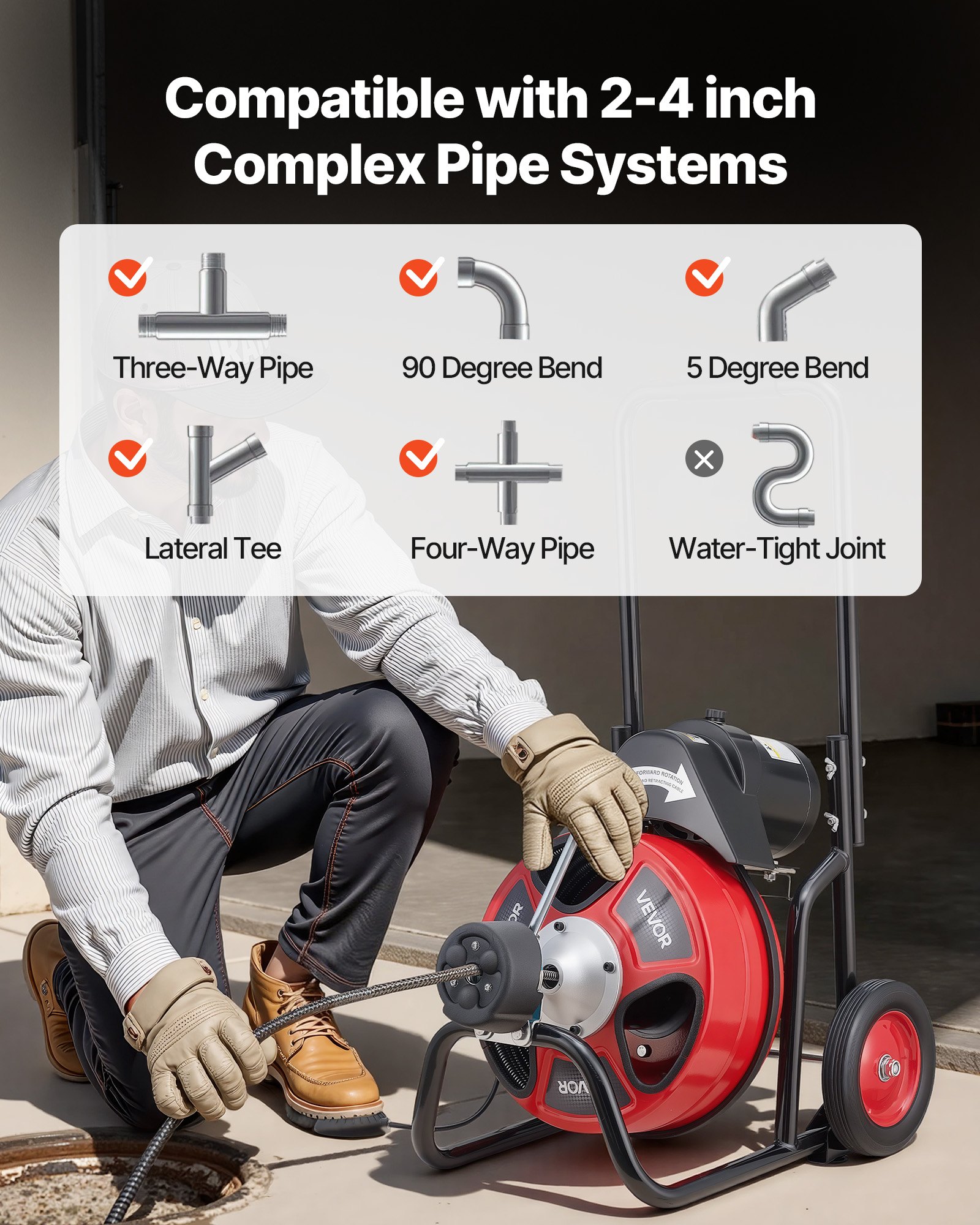 VEVOR Drain Cleaner Machine 100 FT x 3/8 Inch, Auto Feed Sewer Snake Auger on Wheels, Portable Drain Cleaning Machine with 4 Cutters & Air-activated Foot Switch for 2" to 4" Pipes