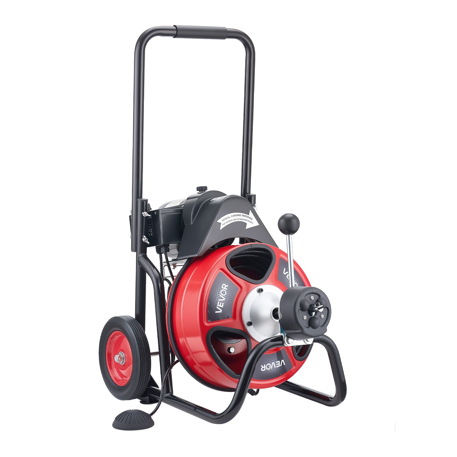 VEVOR Drain Cleaner Machine 30m x 9.5mm, Auto Feed Sewer Snake Auger on Wheels, Portable Drain Cleaning Machine with 4 Cutters & Air-activated Foot Switch for 50mm to 100mm Pipes