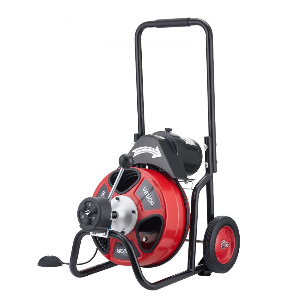 VEVOR Drain Cleaner Machine 75 FT x 3/8 Inch, Auto Feed Sewer Snake Auger on Wheels, Portable Drain Cleaning Machine with 4 Cutters & Air-activated Foot Switch for 2" to 4" Pipes