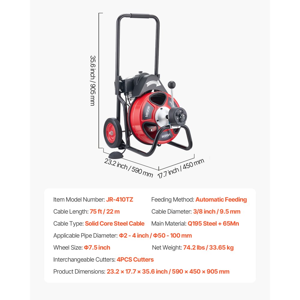 VEVOR Drain Cleaner Machine 75 FT x 3/8 Inch, Auto Feed Sewer Snake Auger on Wheels, Portable Drain Cleaning Machine with 4 Cutters & Air-activated Foot Switch for 2" to 4" Pipes