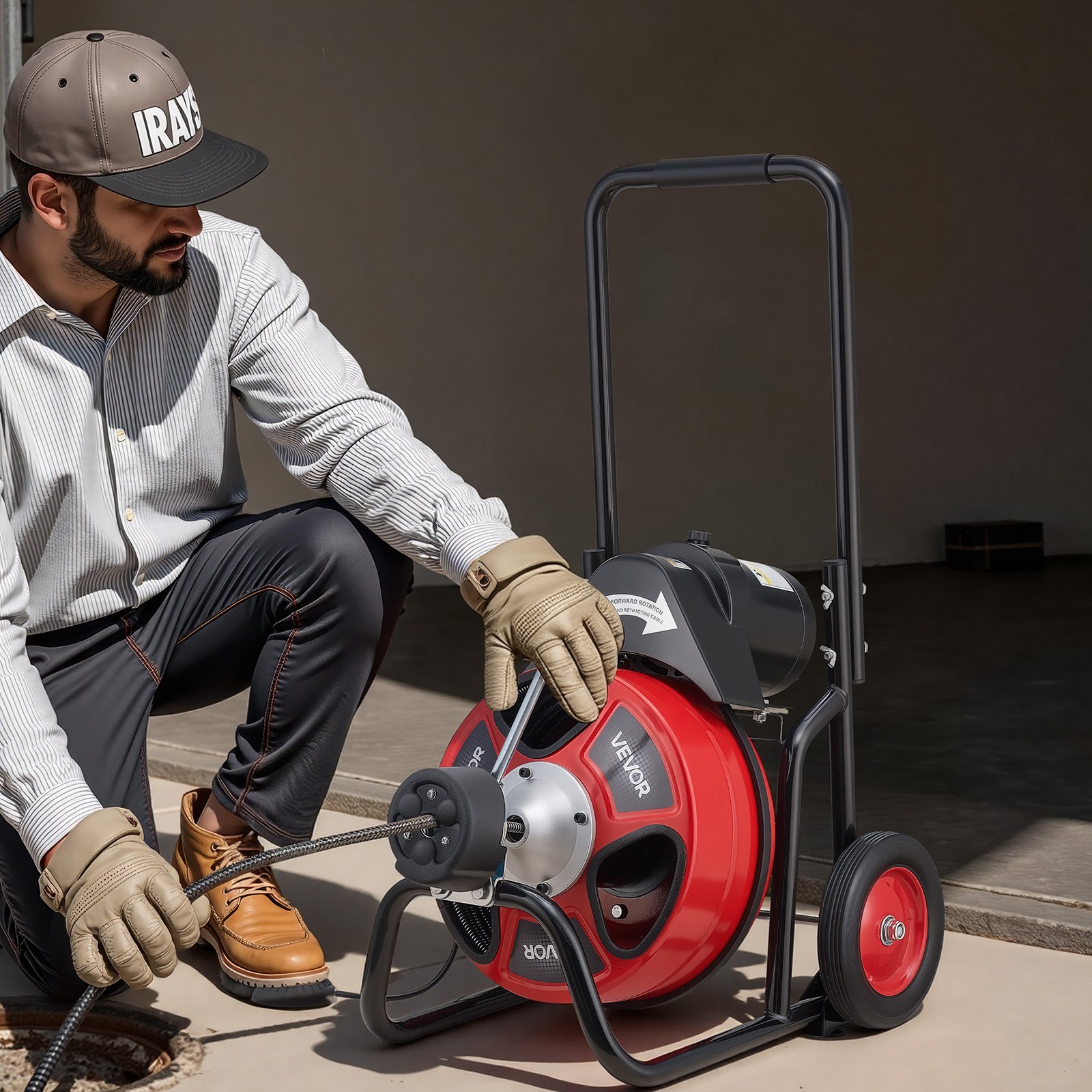 VEVOR Drain Cleaner Machine 75 FT x 3/8 Inch, Auto Feed Sewer Snake Auger on Wheels, Portable Drain Cleaning Machine with 4 Cutters & Air-activated Foot Switch for 2" to 4" Pipes