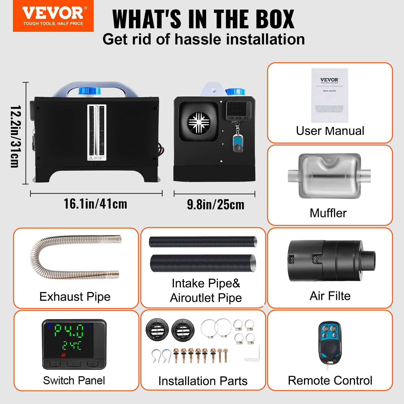 VEVOR Diesel Air Heater 8KW, All in One 12V Truck Heater, Parking Heater with Black LCD, Remote Control, Fast Heating Diesel Heater for RV Truck, Boat, Bus, Car Trailer, Motorhomes