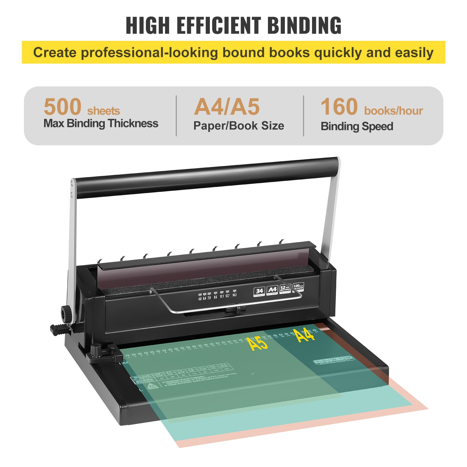 VEVOR 34 Holes Manual Coil Binding Machine TD-130 Book Binding Machine 3:1 Spiral Coil Paper Puncher Wire Punching Binder for A4
