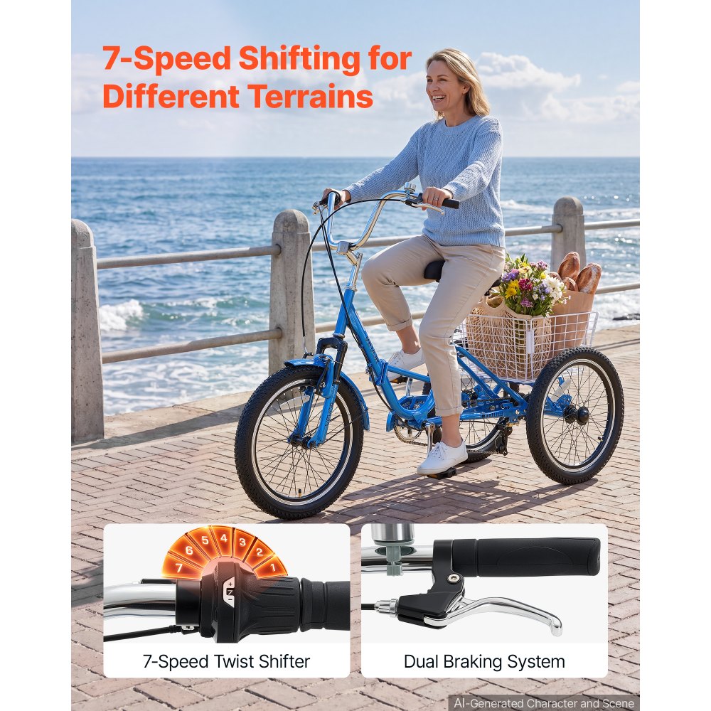 VEVOR Folding Adult Tricycle 20 inch 7 Speed Foldable Trikes for Adult, 3 Wheel Cruiser Bike w/ Cargo Basket, Adjustable Seat, Double-Wall Wheel Rims, Shopping Picnic Tricycles for Women, Men, Senior