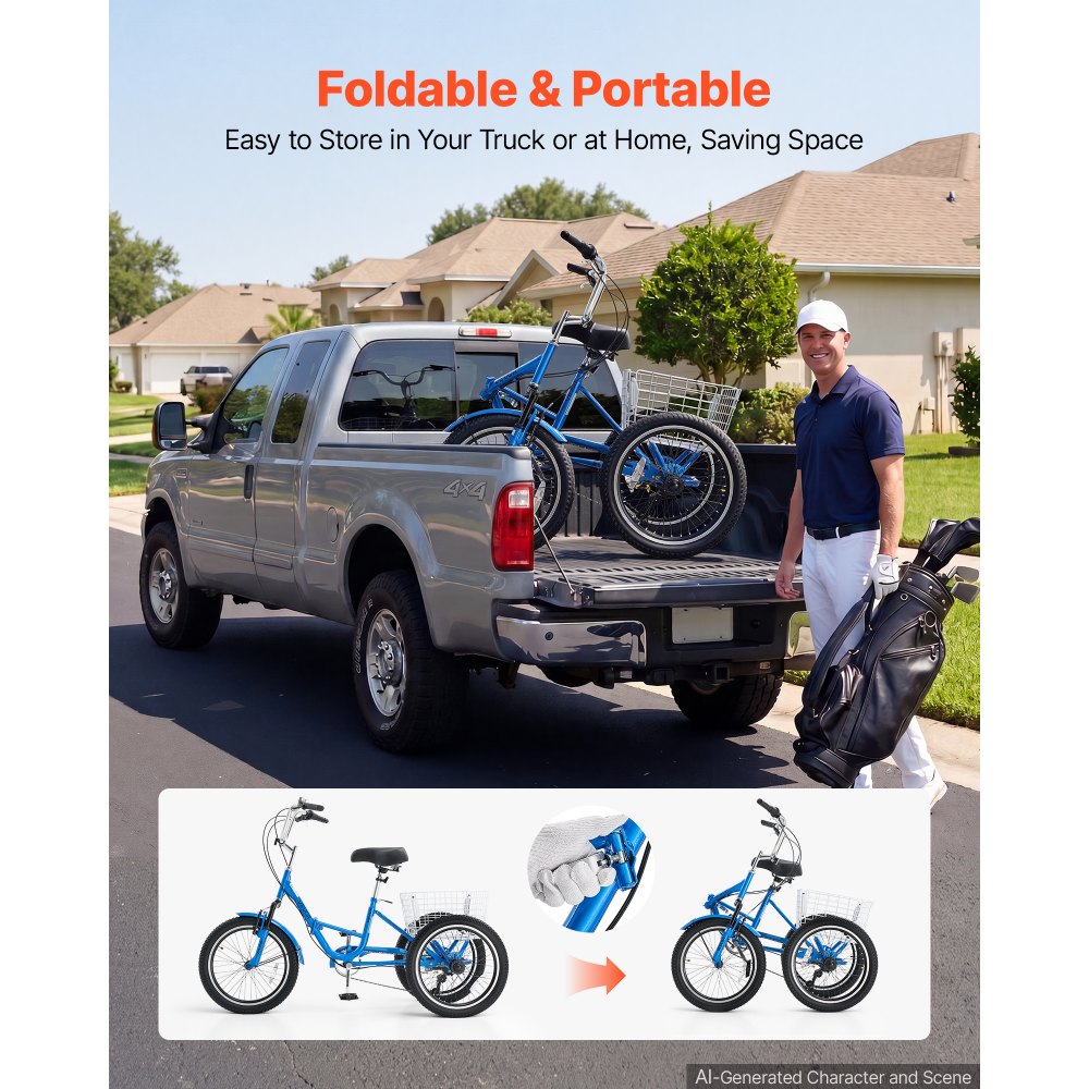 VEVOR Folding Adult Tricycle 20 inch 7 Speed Foldable Trikes for Adult, 3 Wheel Cruiser Bike w/ Cargo Basket, Adjustable Seat, Double-Wall Wheel Rims, Shopping Picnic Tricycles for Women, Men, Senior