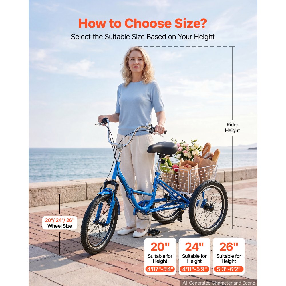 VEVOR Folding Adult Tricycle 20 inch 7 Speed Foldable Trikes for Adult, 3 Wheel Cruiser Bike w/ Cargo Basket, Adjustable Seat, Double-Wall Wheel Rims, Shopping Picnic Tricycles for Women, Men, Senior
