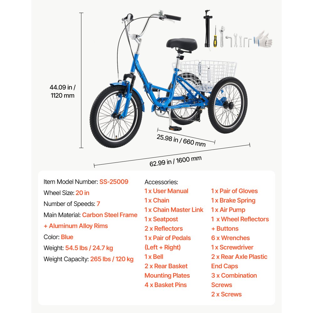 VEVOR Folding Adult Tricycle 20 inch 7 Speed Foldable Trikes for Adult, 3 Wheel Cruiser Bike w/ Cargo Basket, Adjustable Seat, Double-Wall Wheel Rims, Shopping Picnic Tricycles for Women, Men, Senior