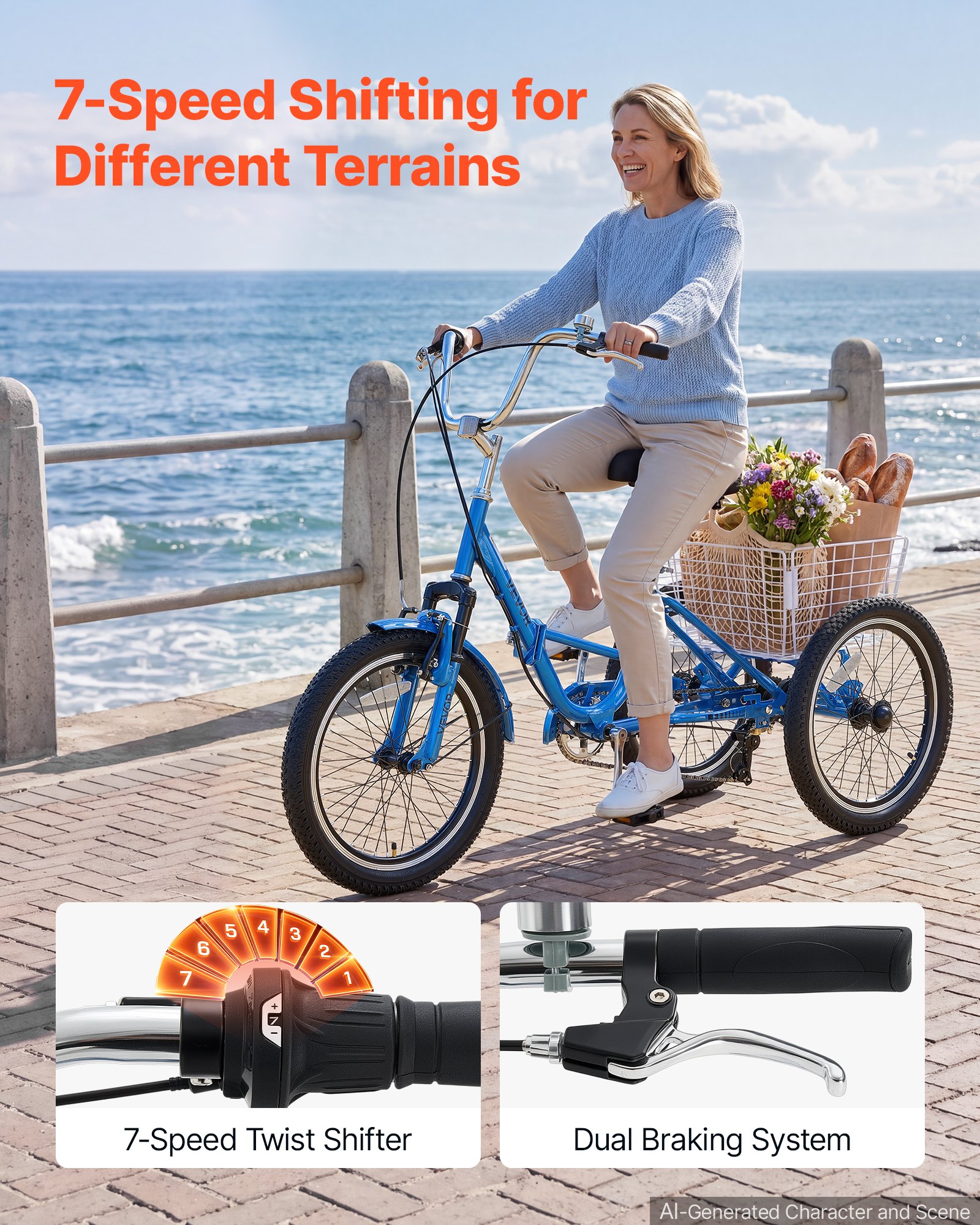 VEVOR Folding Adult Tricycle 20 inch 7 Speed Foldable Trikes for Adult, 3 Wheel Cruiser Bike w/ Cargo Basket, Adjustable Seat, Double-Wall Wheel Rims, Shopping Picnic Tricycles for Women, Men, Senior