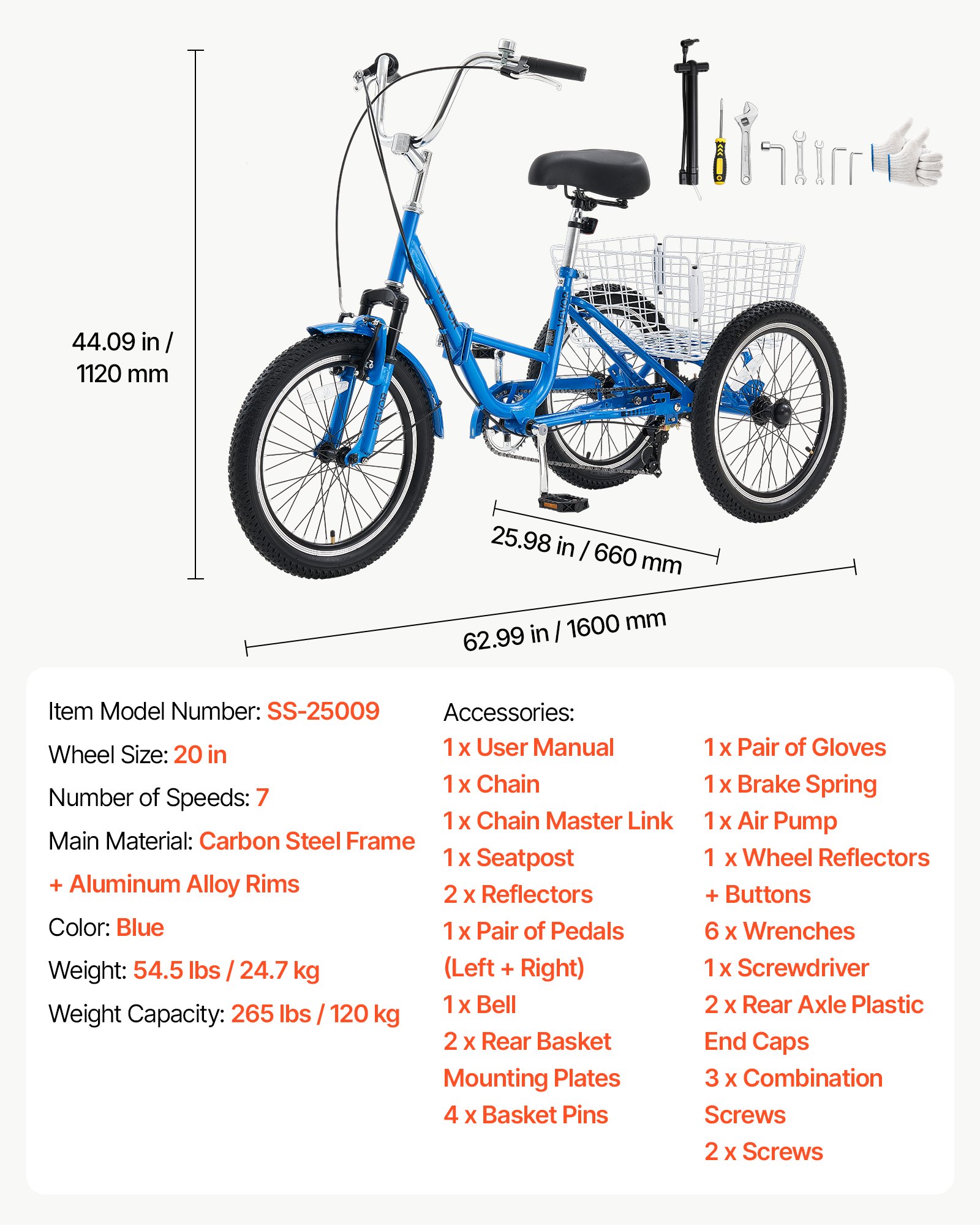 VEVOR Folding Adult Tricycle 20 inch 7 Speed Foldable Trikes for Adult, 3 Wheel Cruiser Bike w/ Cargo Basket, Adjustable Seat, Double-Wall Wheel Rims, Shopping Picnic Tricycles for Women, Men, Senior