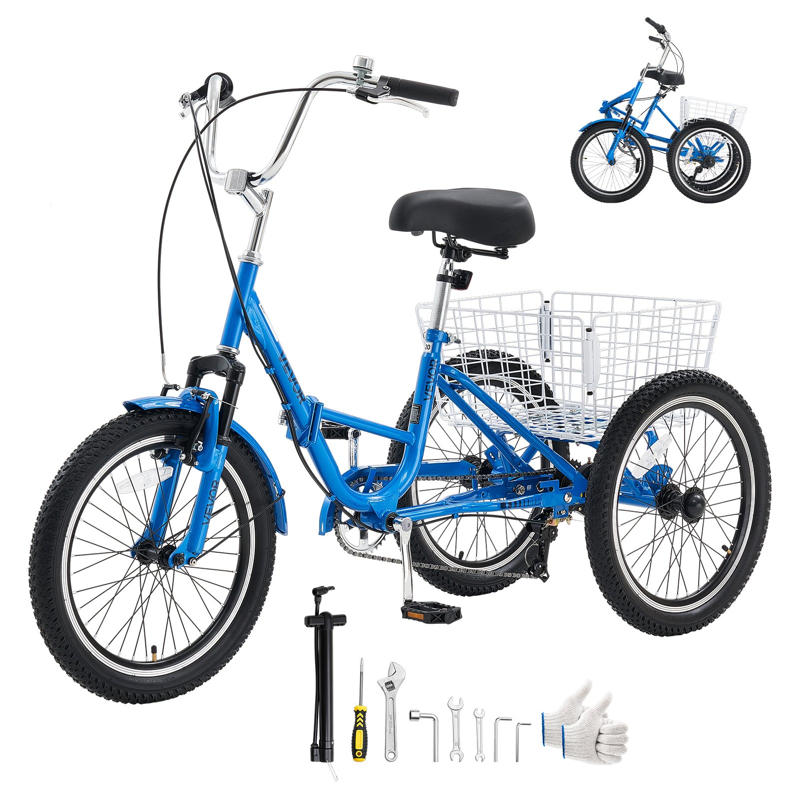 VEVOR Folding Adult Tricycle 20 inch 7 Speed Foldable Trikes for Adult, 3 Wheel Cruiser Bike w/ Cargo Basket, Adjustable Seat, Double-Wall Wheel Rims, Shopping Picnic Tricycles for Women, Men, Senior