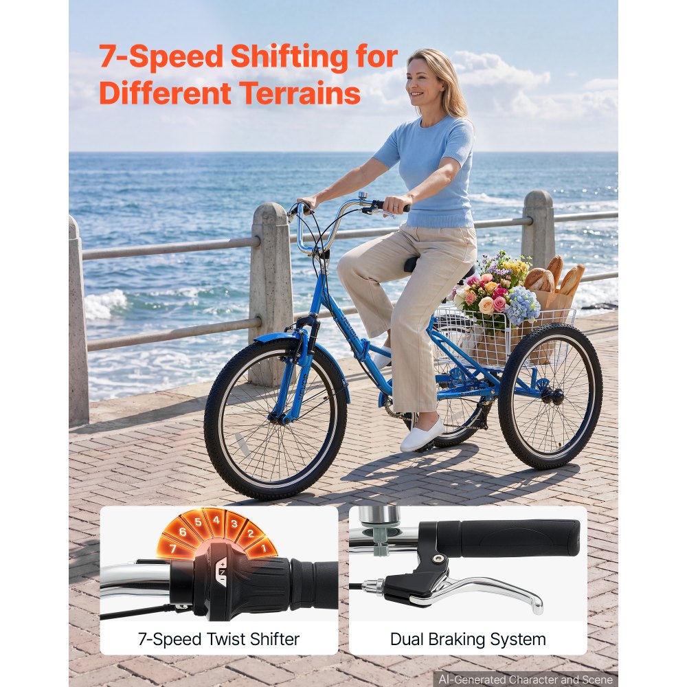 VEVOR Folding Adult Tricycle 24 inch 7 Speed Foldable Trikes for Adult, 3 Wheel Cruiser Bike w/ Cargo Basket, Adjustable Seat, Double-Wall Wheel Rims, Shopping Picnic Tricycles for Women, Men, Senior