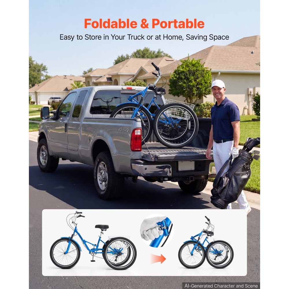 VEVOR Folding Adult Tricycle 24 inch 7 Speed Foldable Trikes for Adult, 3 Wheel Cruiser Bike w/ Cargo Basket, Adjustable Seat, Double-Wall Wheel Rims, Shopping Picnic Tricycles for Women, Men, Senior